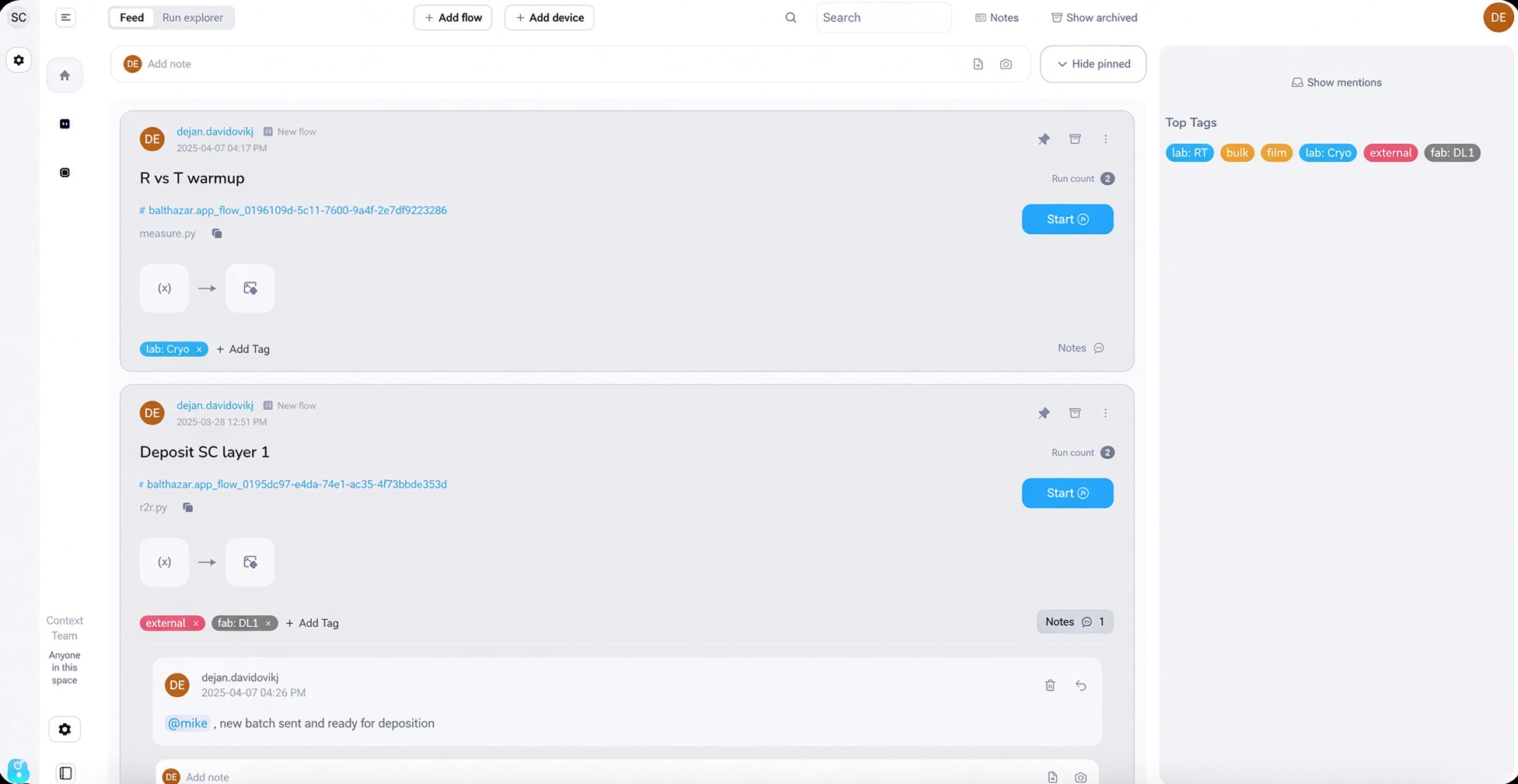 Experiment feed with tagged runs and start actions
